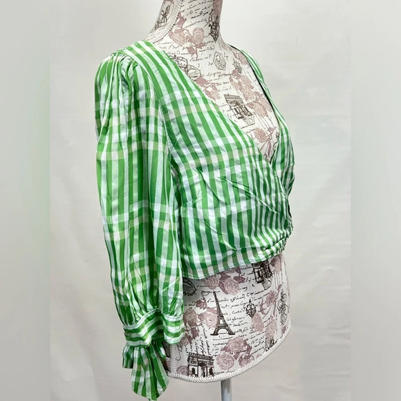 CINQ‎ A SEPT Green and white FLORA gingham surplice crop top size M - Picture 8 of 14